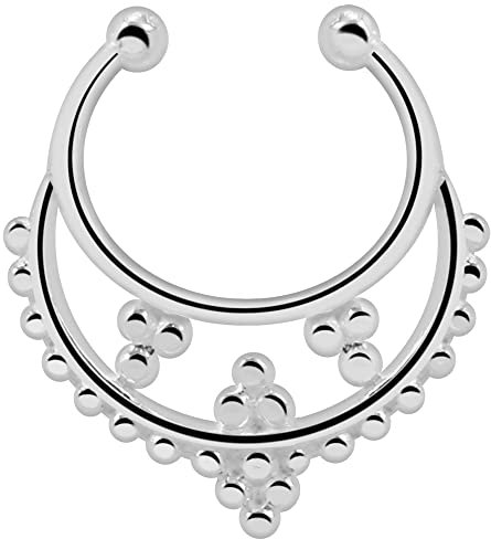 AZARIO LONDON Faux anneau de septum en argent sterling à pois tribaux - Faux anneau de septum en argent sterling - Anneau de piercing de septum - Calibre 14, Argent sterling, Pas de gemme
