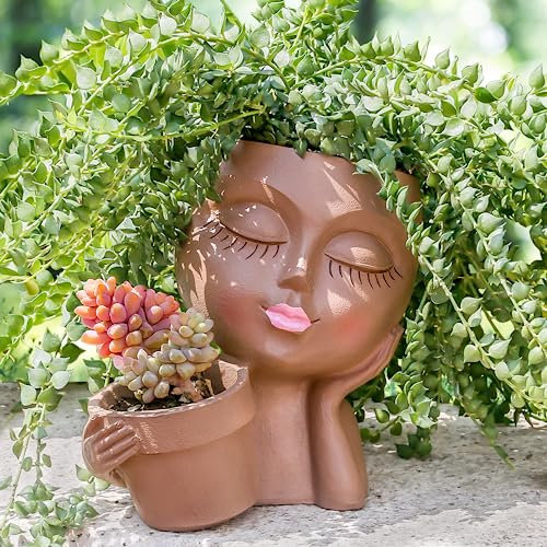 vomiceak Face Planter Pots Head Planters for Indoor Outdoor Plants - Double Plant Pots for Flower Succulent with Drainage Holes - Ideal Present Ideas(Black Lady)