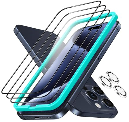 ESR Armorite Protectores de Pantalla para iPhone 15 Pro, Cristal Templado Ultrarresistente, Ajuste, Pack de 3 con 1 Set de Protectores Individuales para Lentes de la Cámara