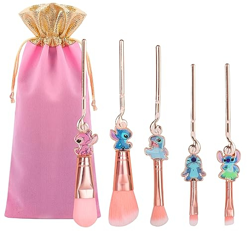 Stitch Make-up-Pinsel-Set, 5-teilig, mit Aufbewahrungstasche, Cartoon-Thema, Kosmetikpinsel für Lidschatten, Puder, Lidschatten, Rouge, Lippen, Geschenke für Mädchen, Frauen, Geburtstagsgeschenke
