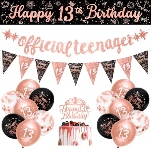 Girls 13th Birthday Decorations Black Rose Gold Official Teenager Decorations 16 Pack Girls Happy 13th Birthday Banner Bunting Kit by Sheinly