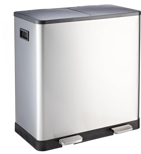 Home Treats 60 Litre Bin 2 Slots - Silver Stainless Steel Pedal Bin with Soft Close Lid, 2 x 30L Compartments, Removable Inner Buckets, Antimicrobial & Rust Resistant