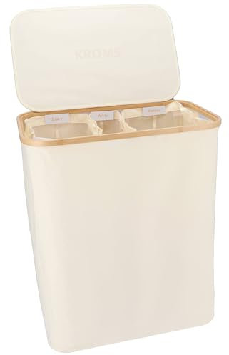 KROMS Wäschekorb mit deckel 145L - Beige - Wäschekorb 3 fächer - Faltbarer wäschekorb - Wäschesortierer 3 fächer - Korb mit deckel