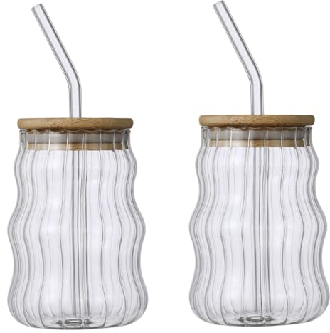 Bicchieri in Vetro a Costola con cannucce e coperchi Onda in Vetro scanalato da 500 ml di Tazze da caffè da 500 ml Tumbler per Bevande di Succo 2 PCS Usi in casa
