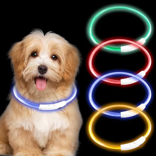 4 Stücke Leuchthalsband Hund, USB Aufladbar Wasserdicht Leuchtend Hundehalsband, Längenverstellbareres Zuschneidbares LED Hundehalsband mit 3 Beleuchtungsmodi für Hunde und Katzen(4 Farben)