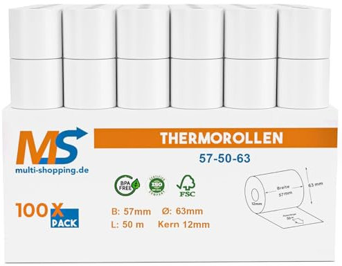Kassenrollen/Thermorollen/Bonrollen 57mm x 50m x 12mm Bpa frei für alle gängigen Thermo Kassen-Bondrucker B: 57mm x L: 50m Ø61mm (100)