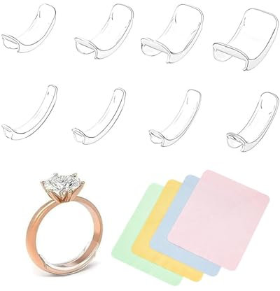 KGDUYC 8 Pcs Ajusteur de Taille de Bague Invisible pour Bagues Desserrées, Réducteur de Bague Silicone Femme Homme, Adaptateur Bague Trop Grande,Apportez 4 chiffons de nettoyage pour bijoux