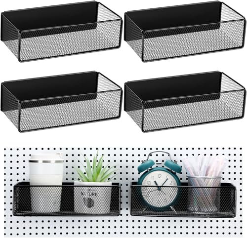 Tioncy 4 Pcs Magnetic Heavy Duty Baskets Pegboard Magnetic Wire Basket Wall Mount Pegboard Shelves Storage Organizer for Refrigerator Whiteboard Locker Office Accessories (Black,10.6''l)