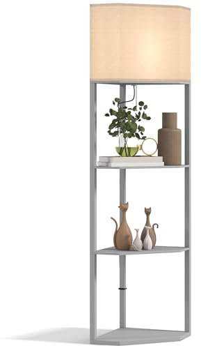 HOMCOM Corner Floor Lamp with Shelves, Modern Tall Standing Lamps for Living Room, Bedroom, with Chain Switch Bulb not Included, Light Grey
