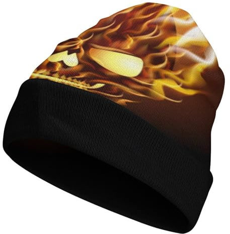 Cmagnifico Beanie-Mütze, Totenkopf mit Flamme, Strickmütze, weich, dehnbar, Thermo-Beanie-Mütze für Männer und Frauen, Totenkopf mit Flamme, Einheitsgröße