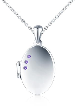 INFINIONLY Damen Mädchen Medaillons Halskette 925 Silber Ketten Ovaler Anhänger mit Lila Zirkonia Kreative Foto Halsketten zum Öffnen Souvenir Lockets
