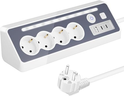 JACEPFY Steckdosenleiste 4-Fach Mehrfachsteckdose mit USB und 2 Type-C Port Ecksteckdose mit Schalter für Küche Arbeitsplatte, Weiß