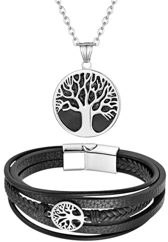 Flongo - Set Collana e Bracciale in Pelle da Uomo con Albero della Vita Bracciale Multifili Regolabile