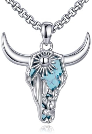 DAYLINLOVE Cow Skull Necklace 925 Sterling Silver Cactus Turquoise Pendant Western Necklace Turquoise Jewelry Gifts for Women