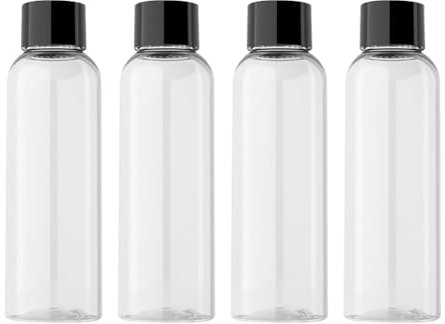 FSSTUD Lot de 4 flacons de voyage en plastique transparent avec bouchon à vis de 100 ml, flacons de shampooing, petits flacons vides rechargeables avec bouchons intérieurs, noir transparent