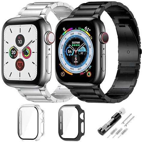 Kompatible Apple Watch Armband mit Gehäuse, Metall Armbänder mit Gehäuse für Apple Watch Ersatzarmband für Männer und Frauen Ultra 49 mm Serie 10 46 mm 42 mm (Sch+Sil, 46MM 10se)