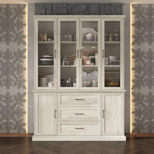 Bücherregal mit 6 Türen und 3 Schubladen, Vitrine, grauer und weißer Sockel mit schwarzer Holzmaserung, großes Bücherregal mit 5 Fachböden, Küchenschrank, Küche, Wohnzimmer, 207 x 155 x 40 cm, MDF