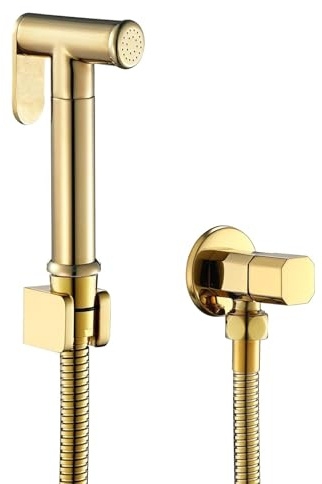 Yalsfowe Douchette de bidet pour toilettes, dorée douchette toilette laiton, kit d'hygiène personnelle, lingette pour bébé, kit douchette wc, accessoire de bidet avec tuyau, support,Round