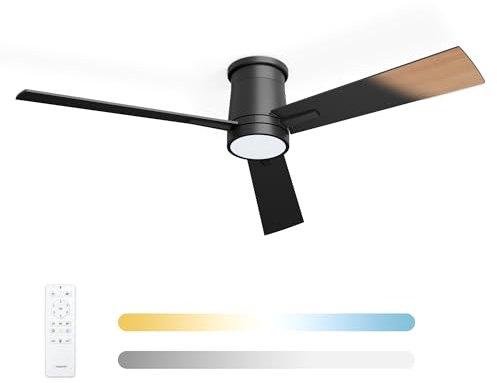 Noaton Ventilatore da Soffitto con Luce e Telecomando, LED Dimmerabile 22,9 W, 3 Temperature di Colore, 3 Pale Nero/Legno Scuro, Timer, con Motore DC 35 W, 6 Velocità, Ø132 cm, Silenzioso