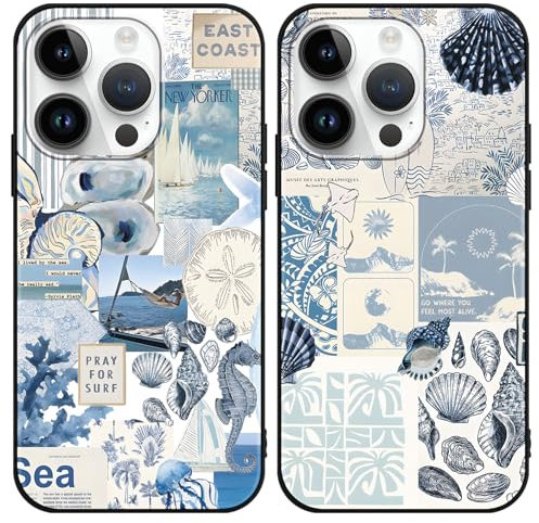 Phoona 2 Pack Cute Case for iPhone 14 Pro 6.1, European Collage Preppy Summer Girly Design Pattern for Girls Women, Slim Soft Silicone Shockproof Bumper Protector Cover, Blue 04