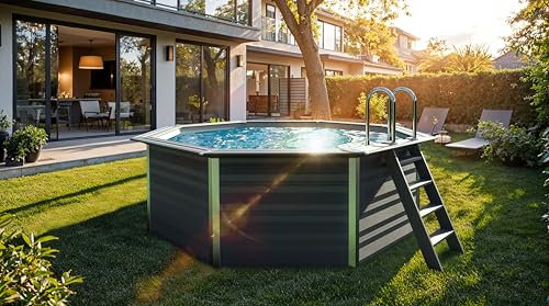 poolomio Composite Pool Set Oval 606x326x124cm Anthrazit | Moderner Aufstellpool aus Holz-Kunststoff inklusive Sanfilteranlage, Poolinnenfolie, Skimmer, Winterplane und Solarabdeckung