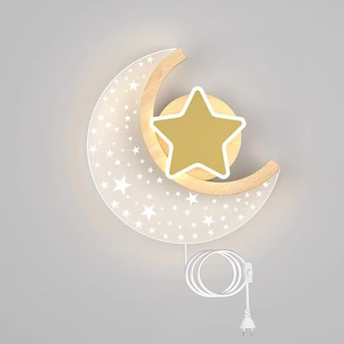 LOGT LED Mond Wandleuchte mit Stecker Kabel Schalter Bettlampe 3 Farbtemperatur 3000K/4000K/6000K Wandlampe 12W Modern Kinderzimmer Nachttischlampe Innen Dekorative Nachtlampe für Kinder Madchen Junge