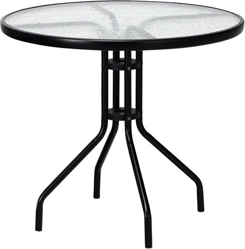 NMK HOME Grande Table Ronde 90 cm – Plateau Verre trempé, Cadre Acier Noir Robuste, Table Repas Jardin ou intérieur, Design Contemporain pour 4 Personnes