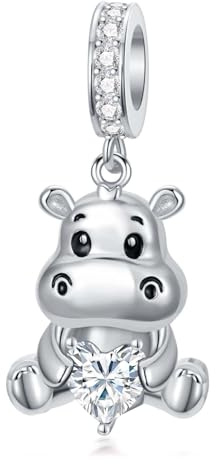 ROMANTICWORK Nilpferd-Charm mit Geburtsstein, 925er Sterlingsilber, 12 Monate, Nilpferd-Charm für Nilpferd-Armbänder, Nilpferd Hochlandrinder Perlenschmuck für Frauen, Nilpferd-Liebhaber