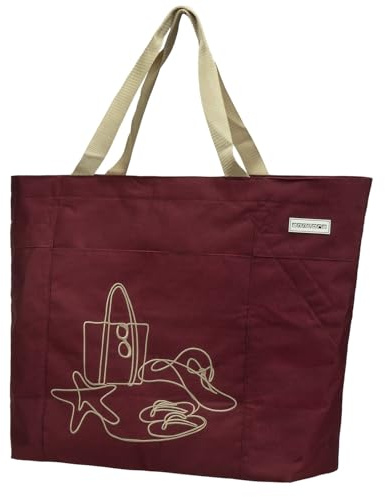 anndora XXL Strandtasche 40 Liter – große Badetasche mit Reißverschluss & Zusatzfächern – faltbarer Shopper für Strand, Schwimmbad, Sauna & Einkaufen (Rubinrot Bestickt)