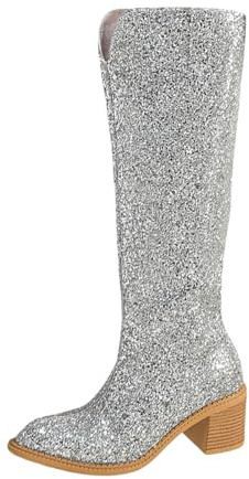 Generisch Overknee Stiefel Weitschaftstiefel Damen Mit Blockabsatz Breite Waden Cowboystiefel Glitzer Stiefeletten Pailletten Plateau Hohe Lack Stiefel Boots Western für Party
