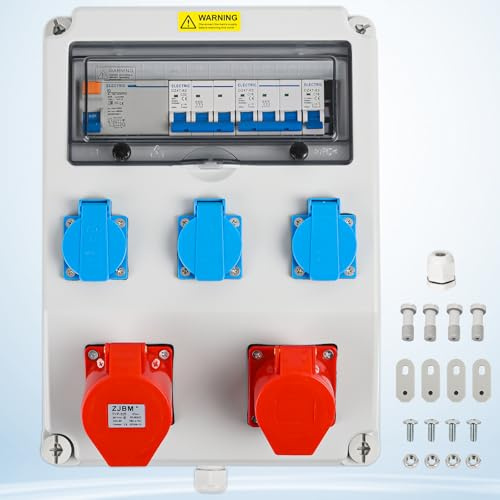 Sorlpv Baustromverteiler Wandverteiler, Komplett Verdrahtet Stromverteiler mit 230V Schuko + CEE 16A & 32A + FI Schalter + LS Schalter, IP67 Wasserdicht Gehäuse für Außen Innen Werkstätten Fabriken