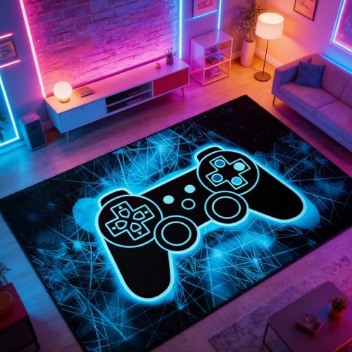 Leseogye Gaming Teppich Game Controller Design, rutschfest Kristall-Samt Gamer Fußmatte, Spielkonsolen-Teppich, Neon Farben, Coole Deko für Jungen Teenager Schlafzimmer Wohnzimmer 80x120cm (B)