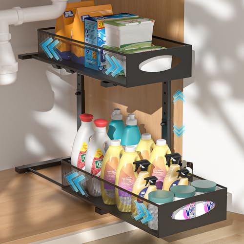 PUTINEI Rangement sous Évier,2 Niveaux Organisateur sous Evier Cuisine,Hauteur Réglable Rangement Souss Eviers Cuisine,Tiroir Coulissant,pour Cuisines,Placard,Salle de Bain,Noir,1 Pièce