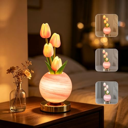 Lámpara De Mesa Tulipa, 3 Colores Lámpara De Noche Táctil en Cristal con Vaso a Intensidad Variable,Lámpara de Escritorio Recargable Inalámbrica,Regalo Romántico para Mujer Mamá (Tulipa-Rosa)