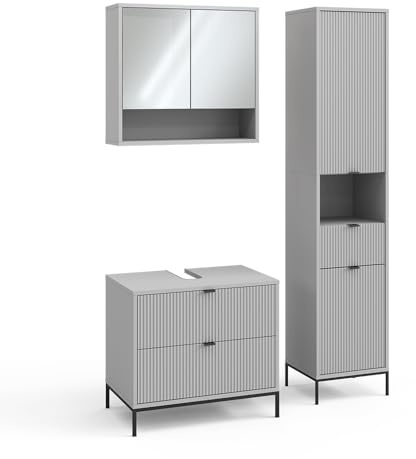 Vicco Badmöbel-Set Eliza, Grau, 70 cm, besteht aus Waschbeckenunterschrank, Spiegelschrank und Hochschrank