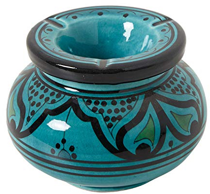 Marokkanischer Keramik Aschenbecher Türkis mit Deckel Ø 12cm Windaschenbecher handbemalt & handgetöpfert Kunsthandwerk aus Marrakesch KE5006