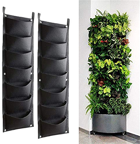Bebester Set di 2 sacchetti per coltivazione da appendere, con 7 tasche, per piante e fiori, adatti per esterni, interni, giardinaggio, ecc., nero