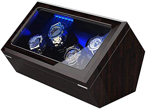 INCLAKE High End Watch Winder for 4 Watches with Soft Flexible Watch Pillows, Blue Led Light, Open and Shut Down Featured, Pine Bark Pattern