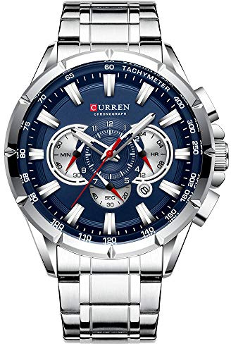 CURREN 8363 Orologio al quarzo da uomo con tre sottoquadranti Display della data Cassa blu, Cinturino, Argento, 22, Sport