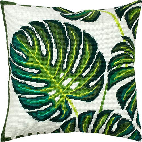 Brvsk Monstera Leaves. Embroidery Kit w/Printed Tapestry Canvas (40 × 40 cm) — Embroidery Cushion Kit for Creative Home Décor — Needlework Kit for Adult Beginners
