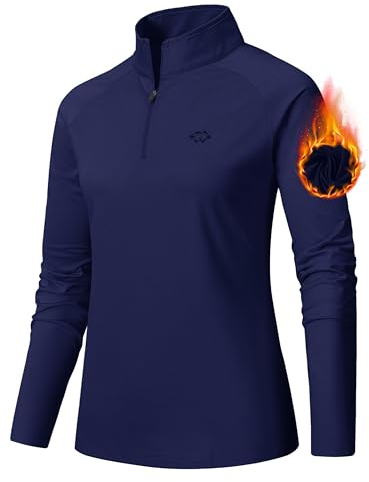 AjezMax Women Sports T-Shirt Long Sleeve Dry-Fit Half Zipper Running Gym Workout Yoga Tops Activewear Tee Shirt Navy Size M