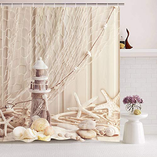 Alishomtll Duschvorhang Textil Duschvorhang Stoff mit Ringen 180x200cm, Muscheln Duschvorhang Badevorhang Digitaldruck Polyester Anti Schimmel, Beige