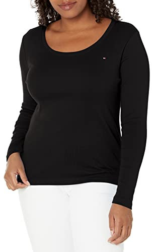 Tommy Hilfiger T-Shirt à Manches Longues et Encolure dégagée pour Femme, Noir, Taille L