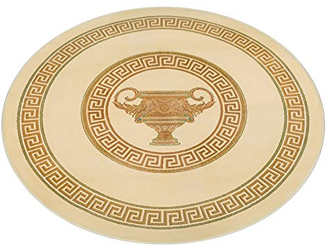 Belle Arti Runder Teppich 200 Durchmesser in beige Gold Mäander Amphore Muster mit Fransen Wohnzimmer Schlafzimmer Flur Rund - Kurzflor 100% Viskose weich rutschfest öko tex - beige, 200 cm, Rund