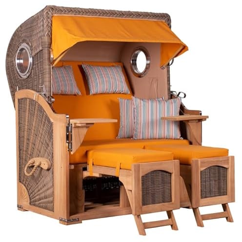 MR. DEKO® Strandkorb Düne Teak 2-Sitzer Bullauge | PE Geflecht Grey | Volllieger Strandstuhl verstellbar | inkl. 4 Kissen Wechselpolster | Strandkörbe fertig montiert aus Teakholz | (Dessin 586)