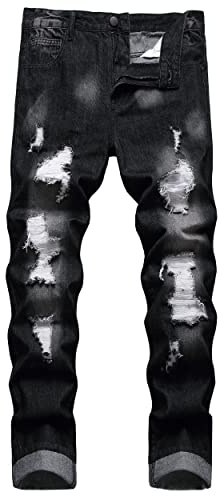 COOSVEN Men Ripped Jeans, Slim Fit Straight Leg, Denim Pants with Holes, Black Ripped with White Patches, 32