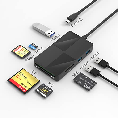 USB C Multi Card Reader Hub, Type-C 5Gbps XD Card Reader with 5 Card Slots and 3 USB3.0 Hub for SD TF CF XD MS Keyboard Mouse U Disk, Sony Memory Stick Pro Duo Reader Read 8 Ports Simultaneous