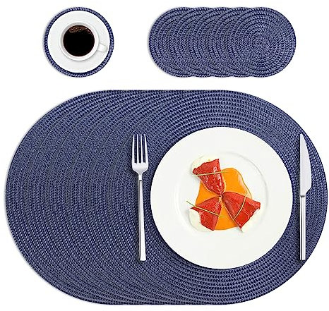 HPMAISON Blue Round Placemats and Coasters Set of 6, Polypropylene Braided Woven Table Mats Heat-Resistant Washable Kitchen Dining Place Mats Set of 6 for Home, Restaurant Hotel, Outdoor, Party