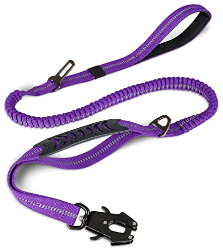 Joytale Taktische Hundeleine, 1.2m-1.8m Bungee Hundeleine Reflektierend mit 2 Gepolsterten Griffen, Autosicherheitsgurt, Leine Hund ohne Zugkraft für Mittelgroße, Große, X-Große Hunde, Lila