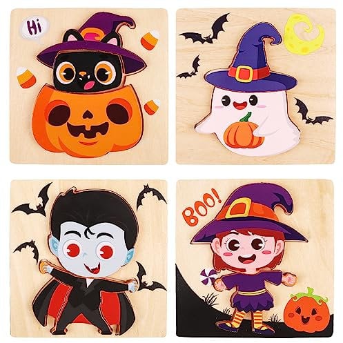 VEYLIN Halloween Wooden Jigsaws, 4 Pcs Jigsaw Puzzles for Toddlers, Cute Halloween Characters Witch, Vampire, Black Cat, Ghost Puzzle for Kids